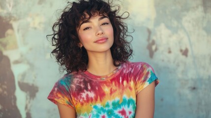 Fototapeta premium Brunette young woman with curly hair in vibrant tie-dye t-shirt smiling and gazing thoughtfully outdoors against a textured background