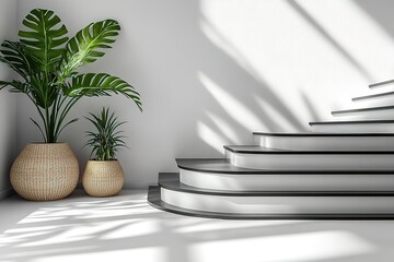 Indoor plants flank a modern curved staircase bathed in sunlight creating a serene and stylish interior scene