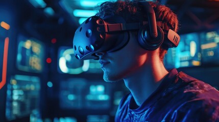 Young man with short brown hair immersed in virtual reality using a black VR headset in a colorful modern tech environment with blue and orange lighting.
