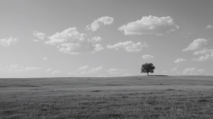 A solitary tree stands on a vast, open field under a cloudy sky, capturing a serene landscape moment