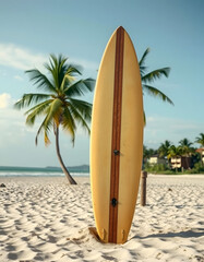vintage surfer board with palm trees on a beach, with white tones