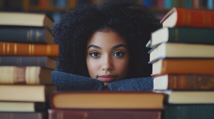 Young woman with curly black hair sitting between stacked colorful books in a cozy library environment, showcasing an inviting reading atmosphere