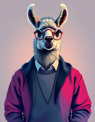 Abstract, creative, illustrated, minimal portrait of a wild animal dressed up as a man in elegant clothes. A lama in a trendy vintage hipster casual sweatshirt., Colored gel lighting, with white tones