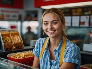 Cheerful Young Woman Employee Smiling at Fast Food Counter in Casual Attire