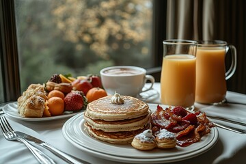 A delightful breakfast spread featuring fluffy pancakes crispy bacon fresh fruit and juice