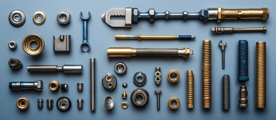 Fototapeta premium Precision Engineering Tools and Components: A Detailed Flat Lay