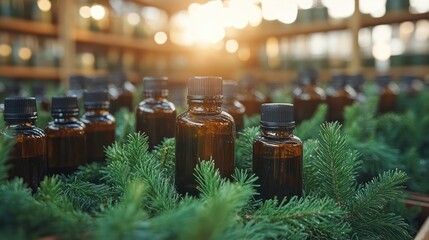 Aromatic Essential Oils Collection: Amber Bottles Nestled in Fresh Pine Branches