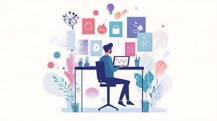 Professional working at a stand-up desk surrounded by motivational decor 