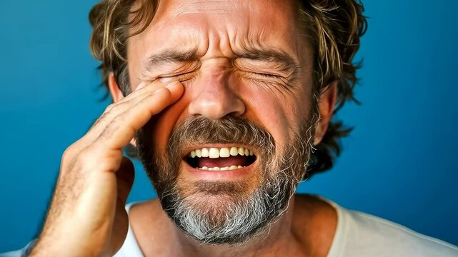 Middle-aged Caucasian male feeling dental pain, blue background. Man holds cheek showing discomfort. Adult experiencing toothache. Painful expression, healthcare needs evident. Evident discomfort in