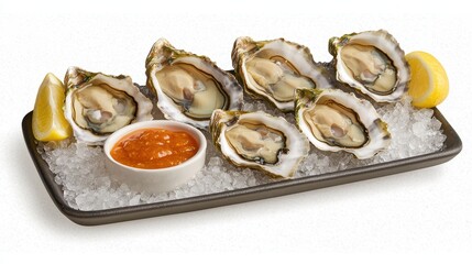 Fresh Oysters on Ice with Lemon Wedges and Tangy Sauce for Seafood Lovers