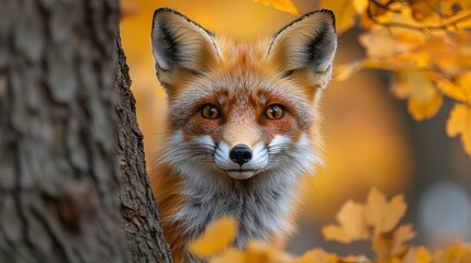 Obraz premium A captivating red fox peers from behind a tree with vibrant autumn foliage, highlighting its striking features and intense gaze.