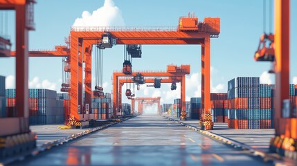 Smart port technology, cranes and container stacks, 3D illustration. 