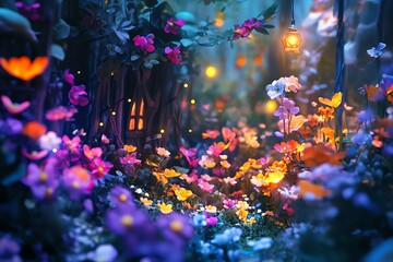 Naklejka premium Close-up shot of a mystical forest made entirely of colorful edible flowers