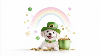 Cute puppy wearing a leprechaun hat with a pot of gold and rainbow