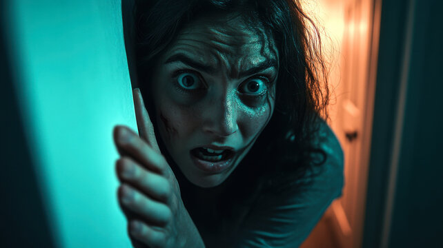 Woman in a dark corridor, frozen in palpable fear, gripping the wall in alarm
