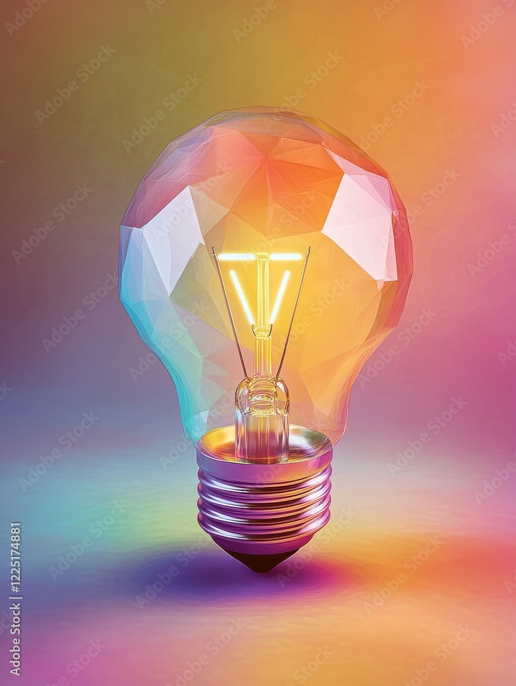 Poster polygon idea light bulb on blurred gradient multicolored background. global cryptocurrency blockchai