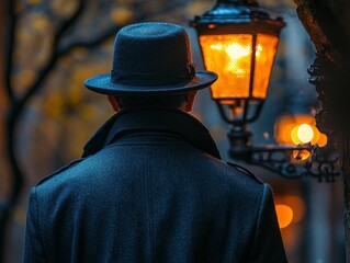Obraz premium Mysterious Silhouette of Man in Fedora Against Vintage Streetlamp Glow