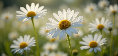 Field of White Daisies with Yellow Centers in Sunlight creating a bright atmosphere