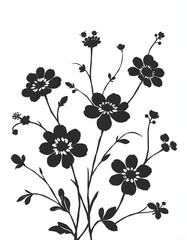 Fototapeta premium Greyscale illustration of a floral pattern on a plain white background, silhouette