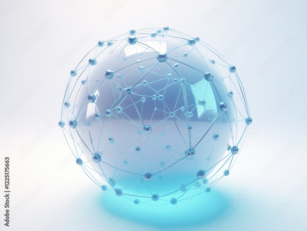 Poster abstract blue sphere with interconnected nodes and lines representing technology
