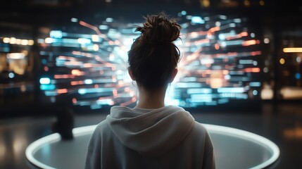 Fototapeta premium A person gazes at a large screen displaying a dynamic digital interface with vibrant connections, symbolizing innovation and the future of technology.