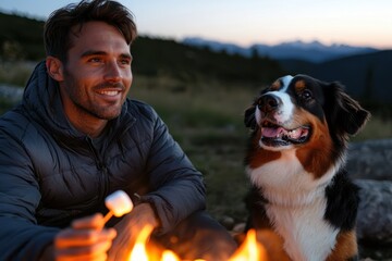 A man smiles brightly while roasting marshmallows by a cozy campfire, accompanied by a joyful dog. The serene landscape enhances the warm, friendly atmosphere of the moment.