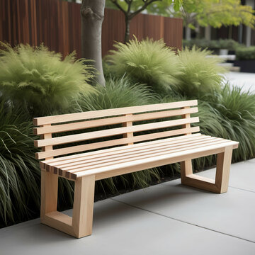 Slatted Wood Bench &ndash; A low-profile bench made of parallel wooden slats with clean, symmetrical spacing.