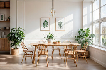 It is a bright and airy office meeting room with a minimalist design characterized by white walls and wooden chairs	

