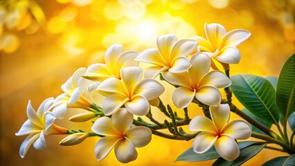 Fototapeta premium A vivid, detailed close-up of a white plumeria blossom against a bright yellow tropical landscape, perfect for a nature wallpaper.