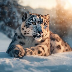 Obraz premium Majestic snow leopard resting in snowy mountain habitat during sunset.