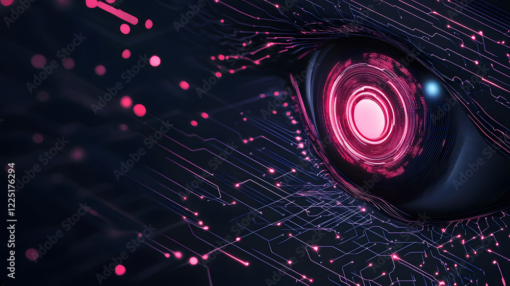 Poster a close-up of a futuristic eye featuring digital circuits and vibrant pink lights, symbolizing techn