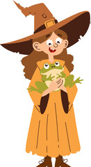 A cheerful cartoon witch girl with long brown hair holding a green frog, wearing an orange dress and a pointed hat. Cute Witch Girl Holding a Frog