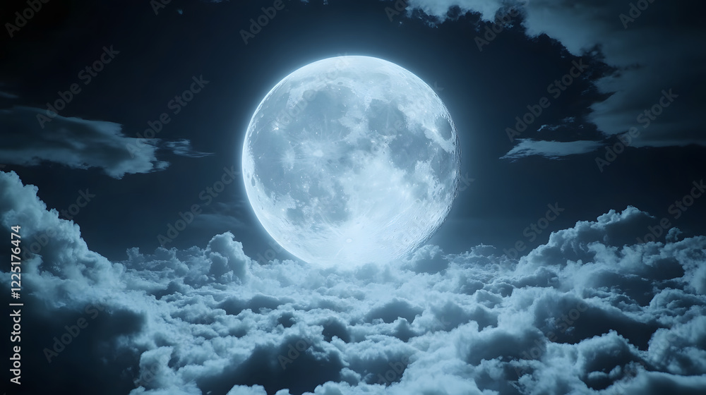 Poster a luminous full moon casts a serene glow over fluffy clouds against a dark sky, creating a tranquil 