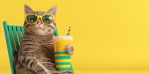 A cool cat wearing sunglasses relaxes on a chair, holding a colorful drink against a bright yellow background.