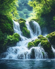 Obraz premium Serene waterfall cascading through lush green moss-covered rocks. Tranquil nature scene, perfect for relaxation and nature themes.