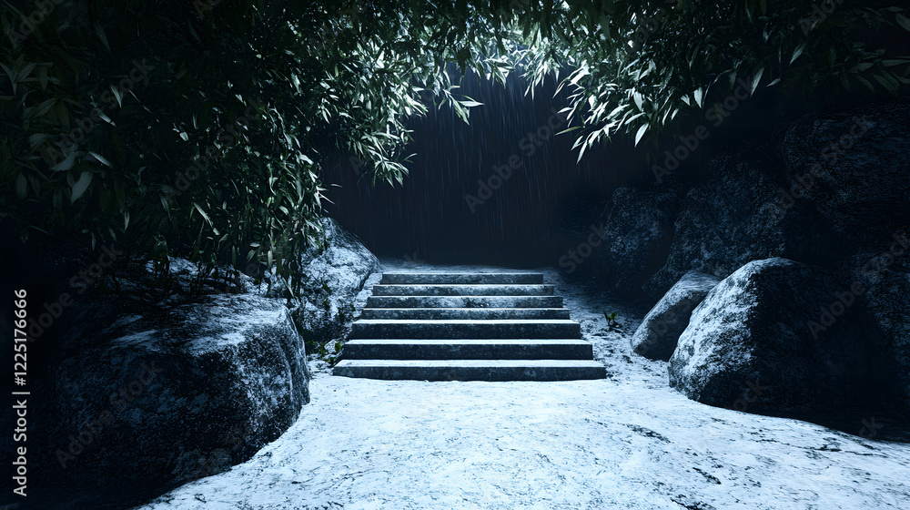 Aufkleber a serene pathway leads to stairs illuminated by soft light, surrounded by lush foliage, creating a t