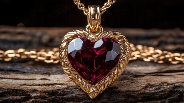 Elegant heart-shaped ruby pendant with gold chain on rustic wood background