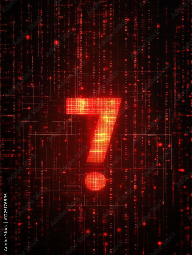 Poster red glowing exclamation mark on a digital matrix background, representing a cybersecurity alert or e