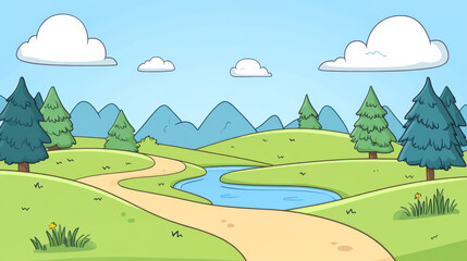 Obraz premium serene landscape featuring winding path, lush green hills, and flowing river. scene is bright and cheerful, perfect for