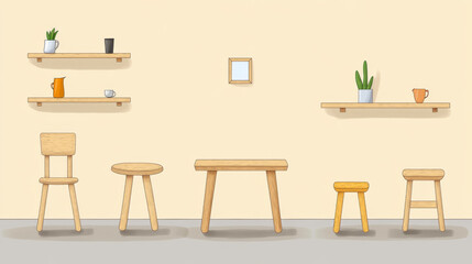 Handcrafted wooden furniture set with shelves and plants in cozy room