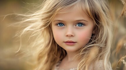 Naklejka premium Portrait of a young girl with long blonde hair and blue eyes in a natural outdoor setting with soft lighting and Copy Space