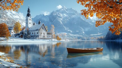 Obraz premium Picturesque Alpine church stands by turquoise lake, surrounded by snow-covered landscape and mountain peaks. Wooden boat rests on crystal-clear water, while autumn leaves frame