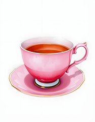 Pink vintage Teacup, watercolor antique Cup of Tea, Old Porcelain, Isolated on Transparent Background, minimalism, with white tones