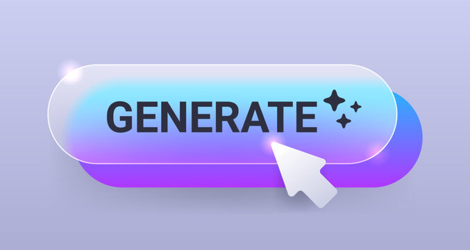 Blue glass morphism generate button on gray background. Vector app element illustration