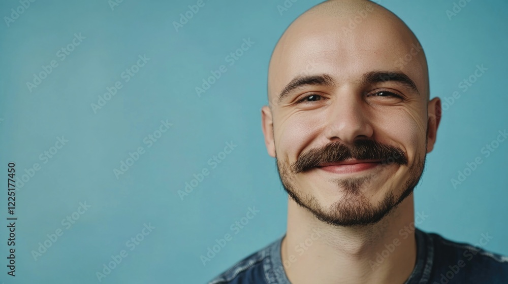 Poster smiling bald man with mustache against a blue background with ample copy space for text