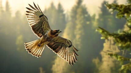 Fototapeta premium Majestic hawk in flight over misty forest.