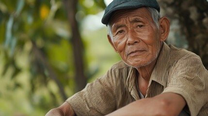 Obraz premium Old man with serious expression sitting outdoors in nature wearing a cap and a striped shirt with greenery in the background Copy Space