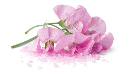 Delicate pink sweet pea flowers resting on pink crystal salt isolated on white background
