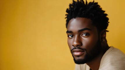Obraz premium Portrait of young man with textured black hair against yellow background with soft lighting and neutral expression Copy Space