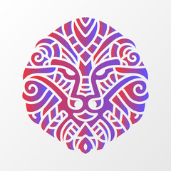 Intricate lion face illustration with abstract tribal patterns, bold swirls, and vibrant red-blue gradient in a circular layout. Ornate Lion Face with Abstract Symmetry